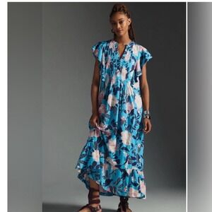 Anthropologie Maeve The Cassandra Maxi Dress in Botanical Motif size Medium Blue
